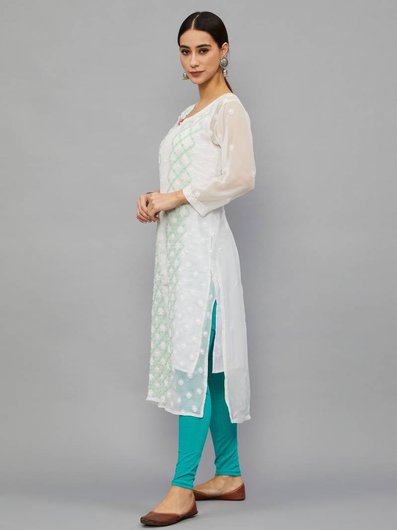 Ethnava Women's Chikankari Hand Embroidered Georgette Frontslit Kurta With Slip