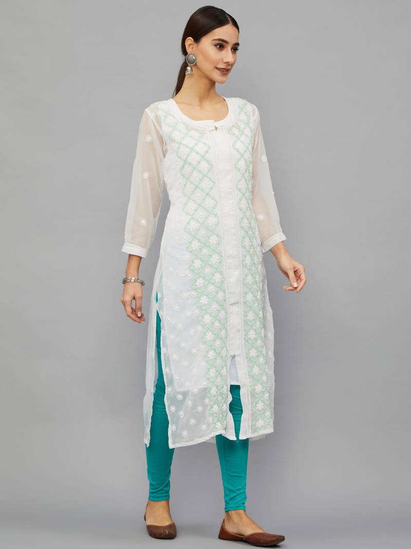Ethnava Women's Chikankari Hand Embroidered Georgette Frontslit Kurta With Slip
