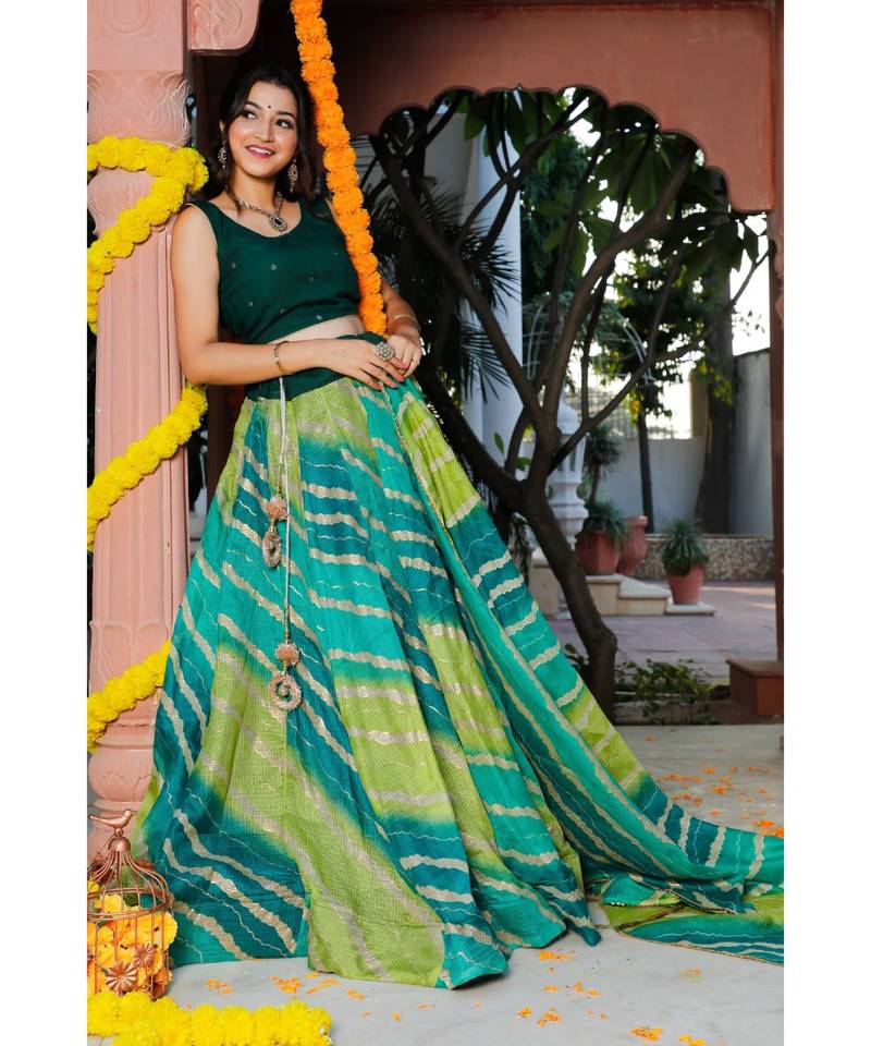 Green Blue Leheriya Lehenga & Dupatta with Unstitched Blouse