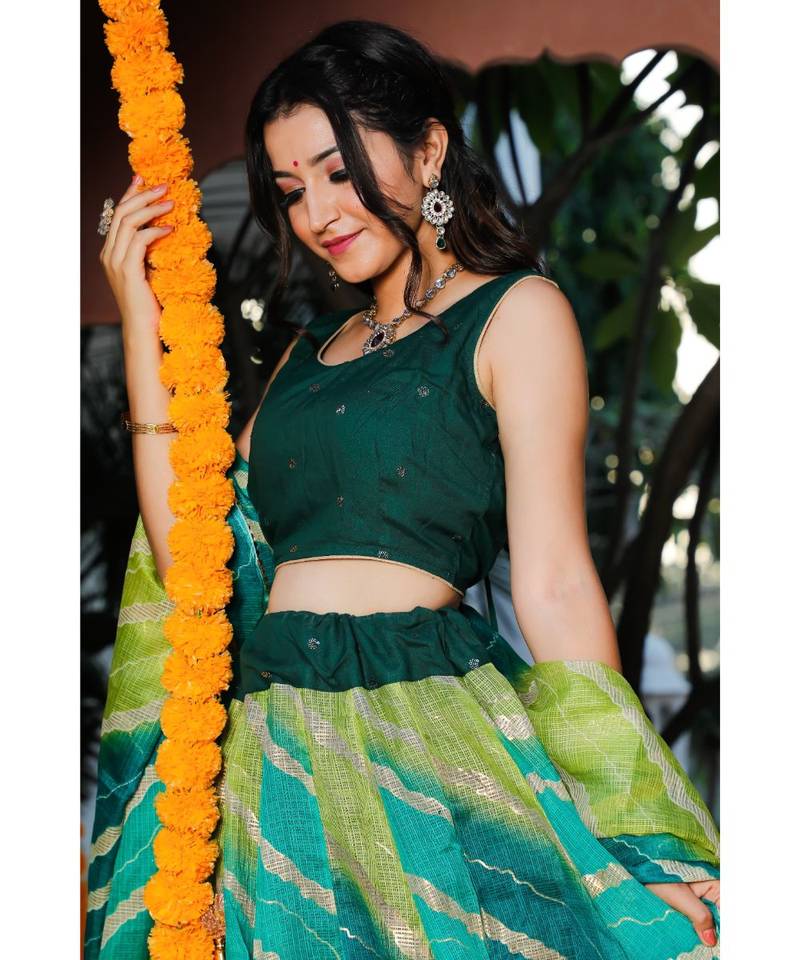 Green Blue Leheriya Lehenga & Dupatta with Unstitched Blouse