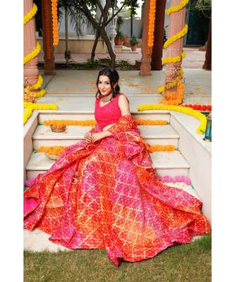 Pink Orange Bandhani Lehenga & Dupatta with Unstitched Blouse 1