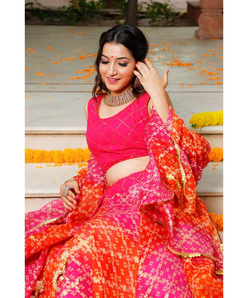 Pink Orange Bandhani Lehenga & Dupatta with Unstitched Blouse