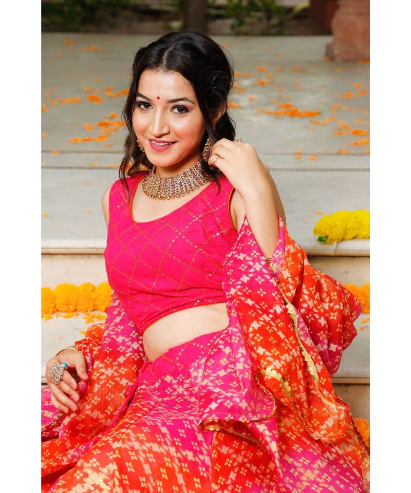 Pink Orange Bandhani Lehenga & Dupatta with Unstitched Blouse