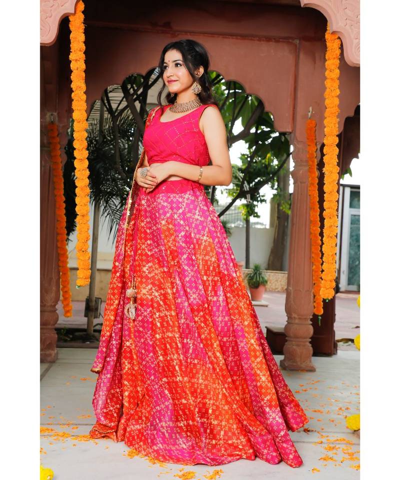 Pink Orange Bandhani Lehenga & Dupatta with Unstitched Blouse