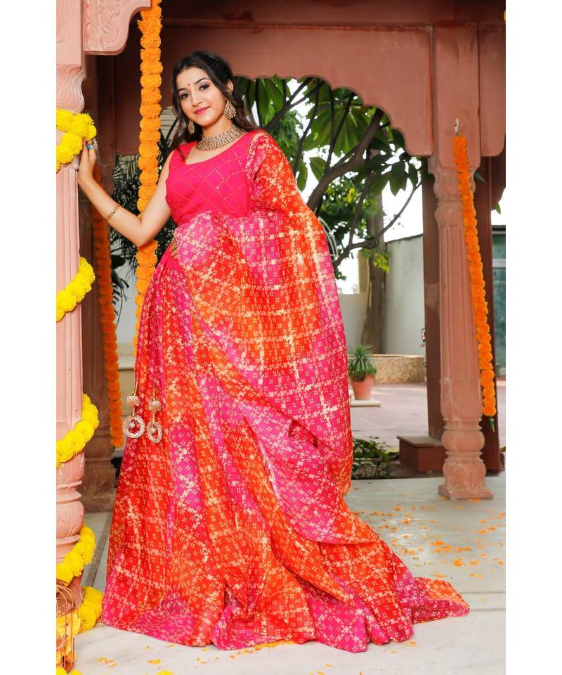 Pink Orange Bandhani Lehenga & Dupatta with Unstitched Blouse