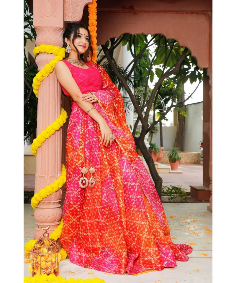 Pink Orange Bandhani Lehenga & Dupatta with Unstitched Blouse