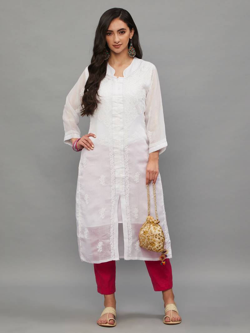 ETHNAVA WHITE KOTA COTTON LUCKNOWI CHIKANKARI WOMEN'S KURTA WITH SLIP