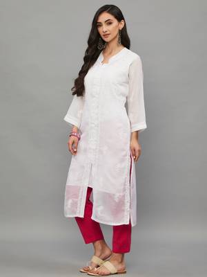 ETHNAVA WHITE KOTA COTTON LUCKNOWI CHIKANKARI WOMEN'S KURTA WITH SLIP 4