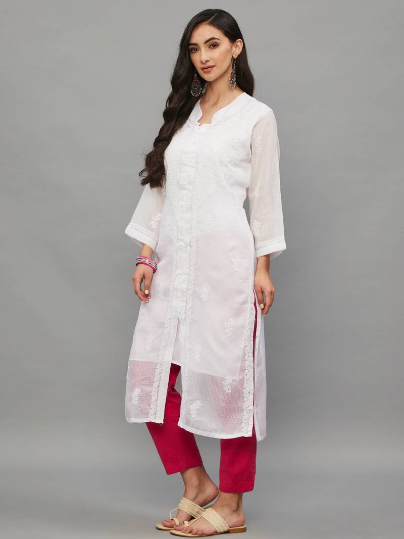 ETHNAVA WHITE KOTA COTTON LUCKNOWI CHIKANKARI WOMEN'S KURTA WITH SLIP
