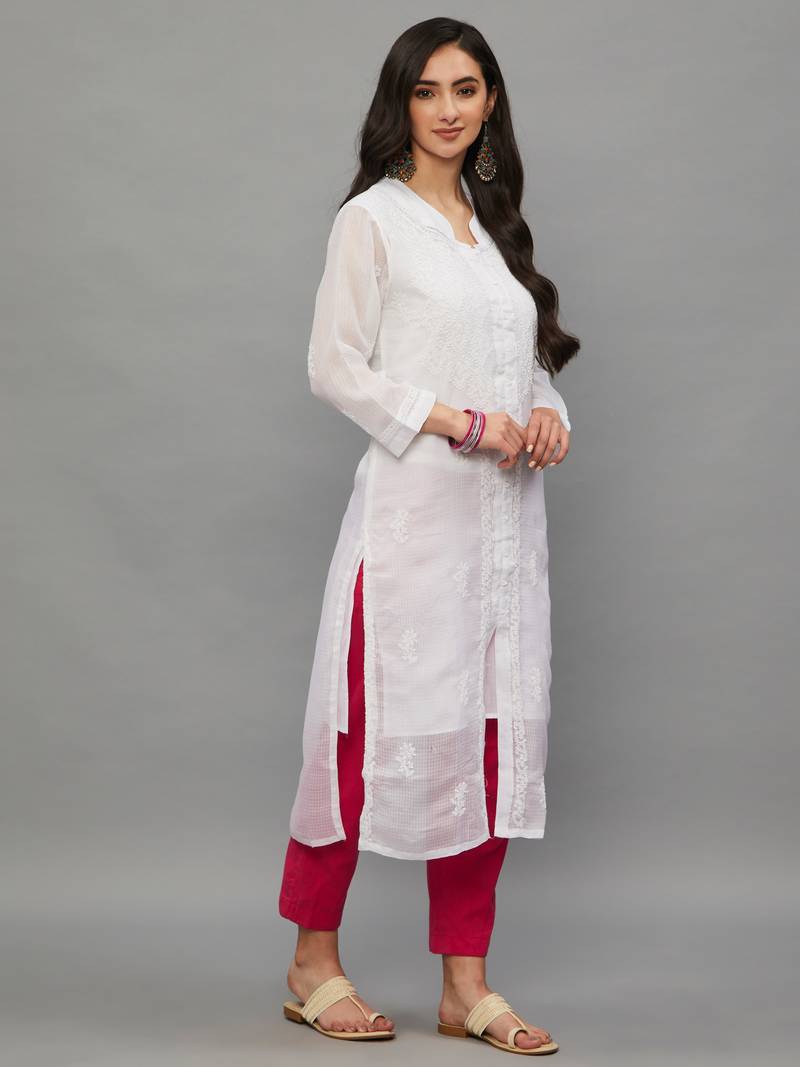 ETHNAVA WHITE KOTA COTTON LUCKNOWI CHIKANKARI WOMEN'S KURTA WITH SLIP