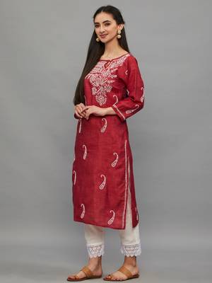 Ethnava Women's Lucknowi Chikankari Hand Embroidered Baby Silk Straight Kurta 3