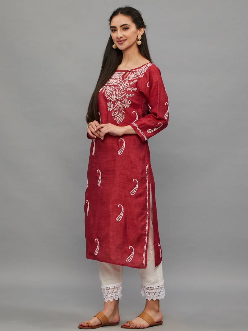 Ethnava Women's Lucknowi Chikankari Hand Embroidered Baby Silk Straight Kurta