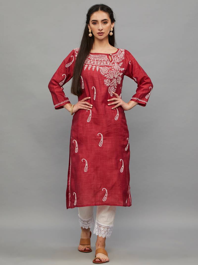 Ethnava Women's Lucknowi Chikankari Hand Embroidered Baby Silk Straight Kurta