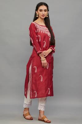 Ethnava Women's Lucknowi Chikankari Hand Embroidered Baby Silk Straight Kurta 5