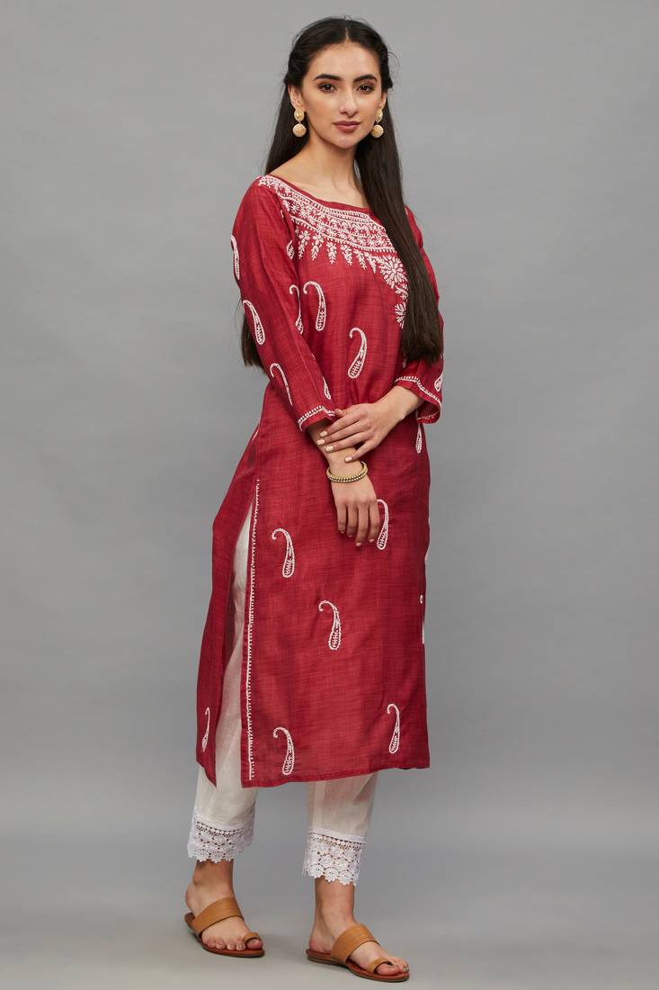 Ethnava Women's Lucknowi Chikankari Hand Embroidered Baby Silk Straight Kurta