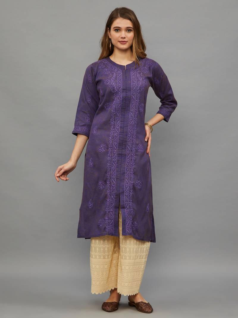 Ethnava Women's Lucknowi Chikankari Hand Embroidered Voile Cotton Straight Kurta