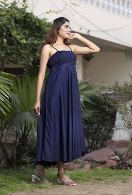 NavyBlue Solid Rayon Flared Western Wear Dresses 5