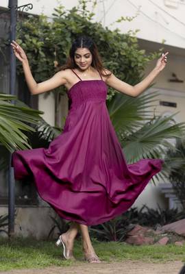 Wine Solid Rayon Flared Western Wear Dresses 1