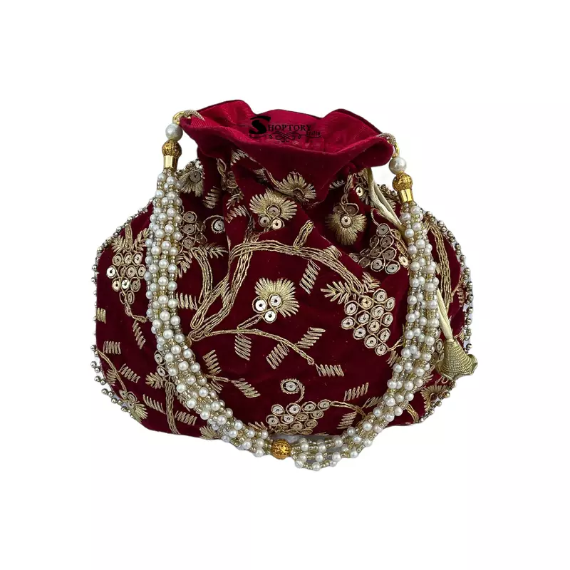 Divashin Velvet Embroidered Potli For Women Wedding, Casual - Maroon