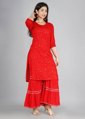Red embroidered rayon kurtas-and-kurtis 3