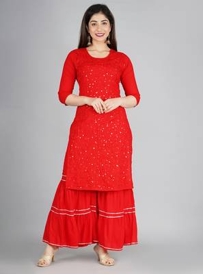 Red embroidered rayon kurtas-and-kurtis 5