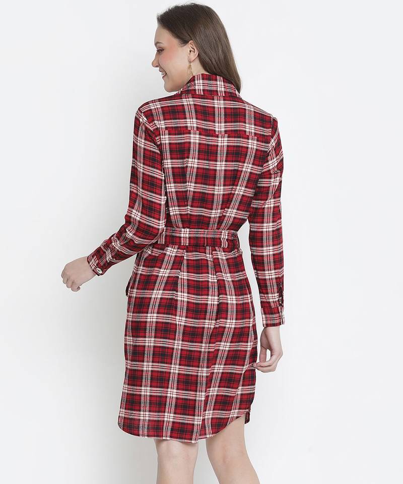 Basic brown check print  tie- knot women dress