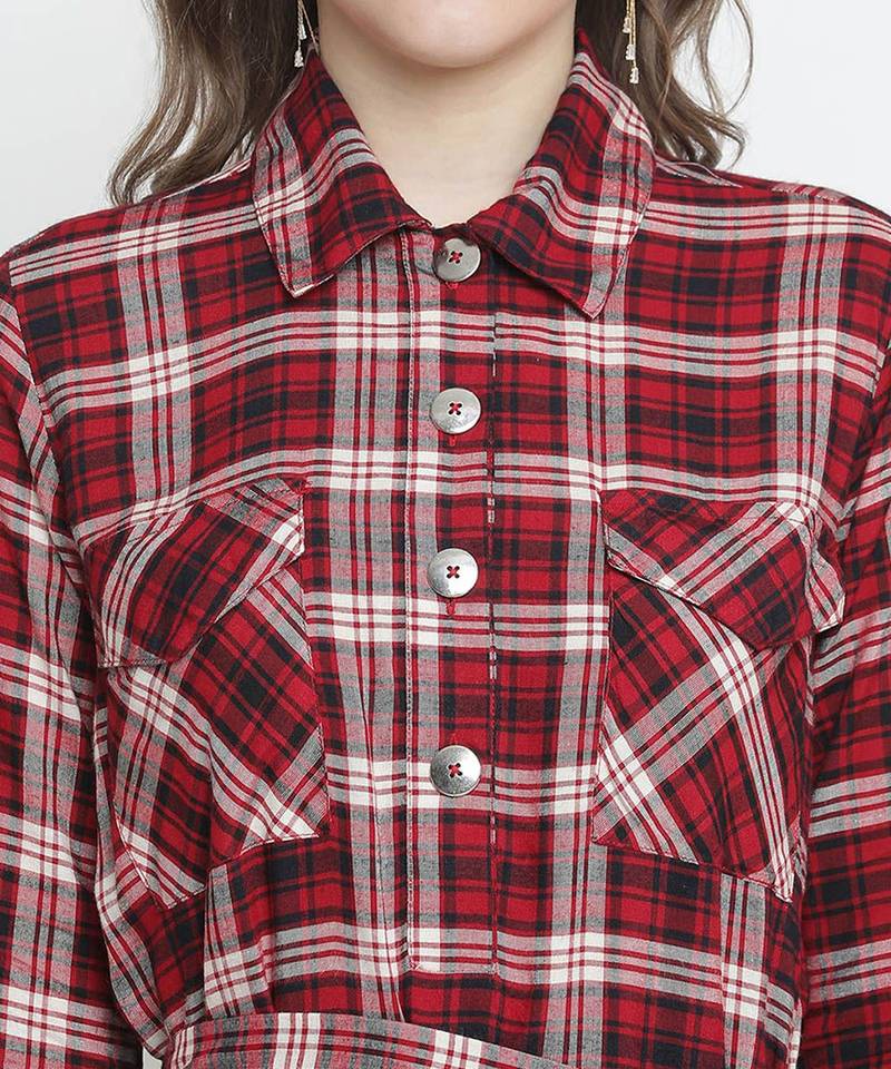 Basic brown check print  tie- knot women dress