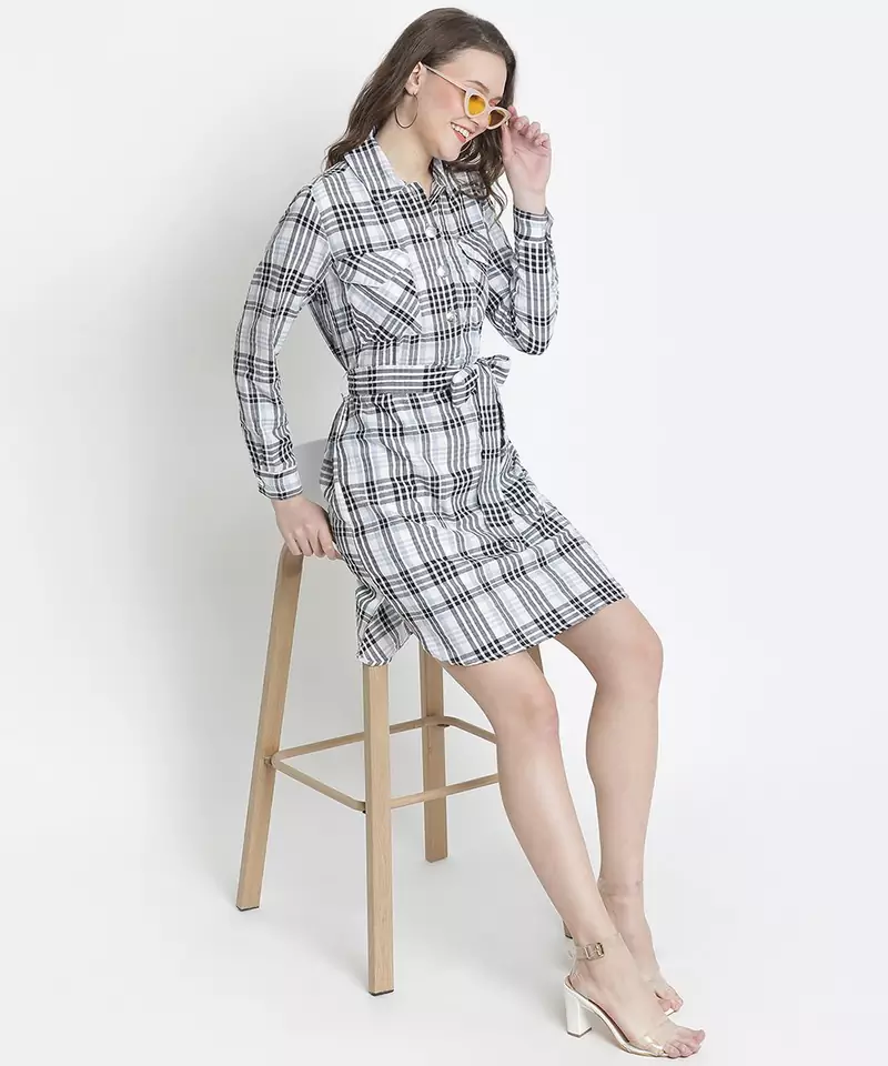 Zang zip check print tie- knot women dress