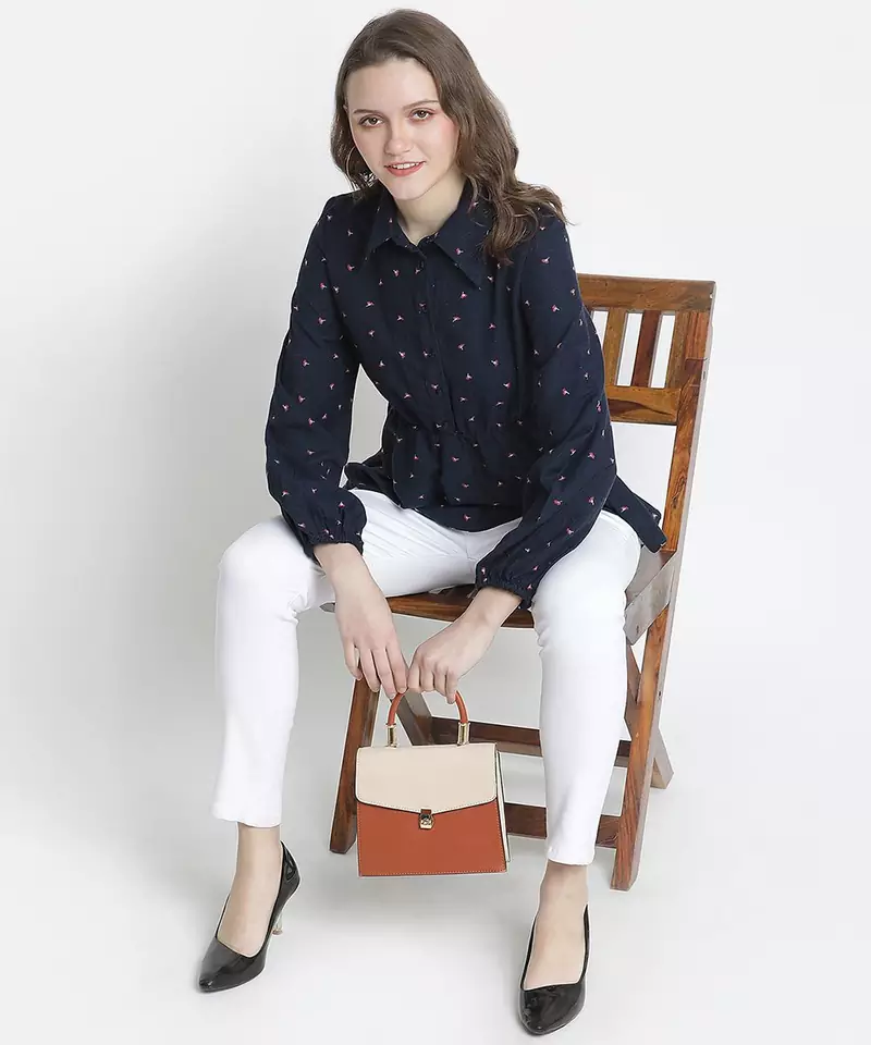 Caramel Blue printed elasticated women Top