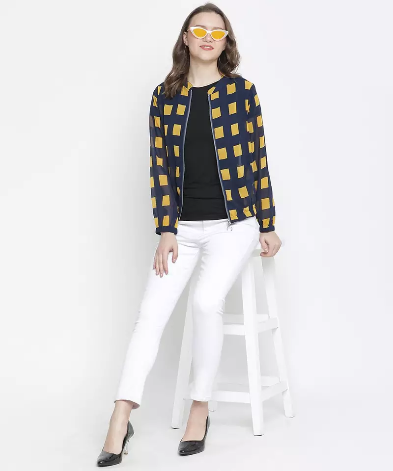 Upside down check print women bomber jacket