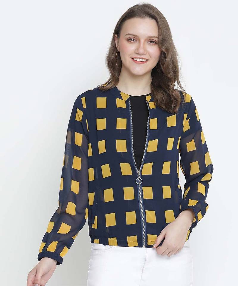 Upside down check print women bomber jacket