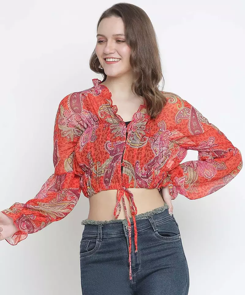 Luminious Orange printed women crop top