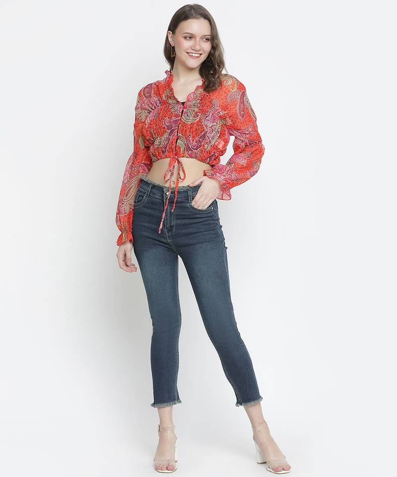 Luminious Orange printed women crop top