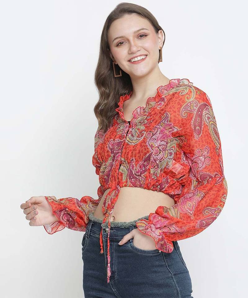 Luminious Orange printed women crop top