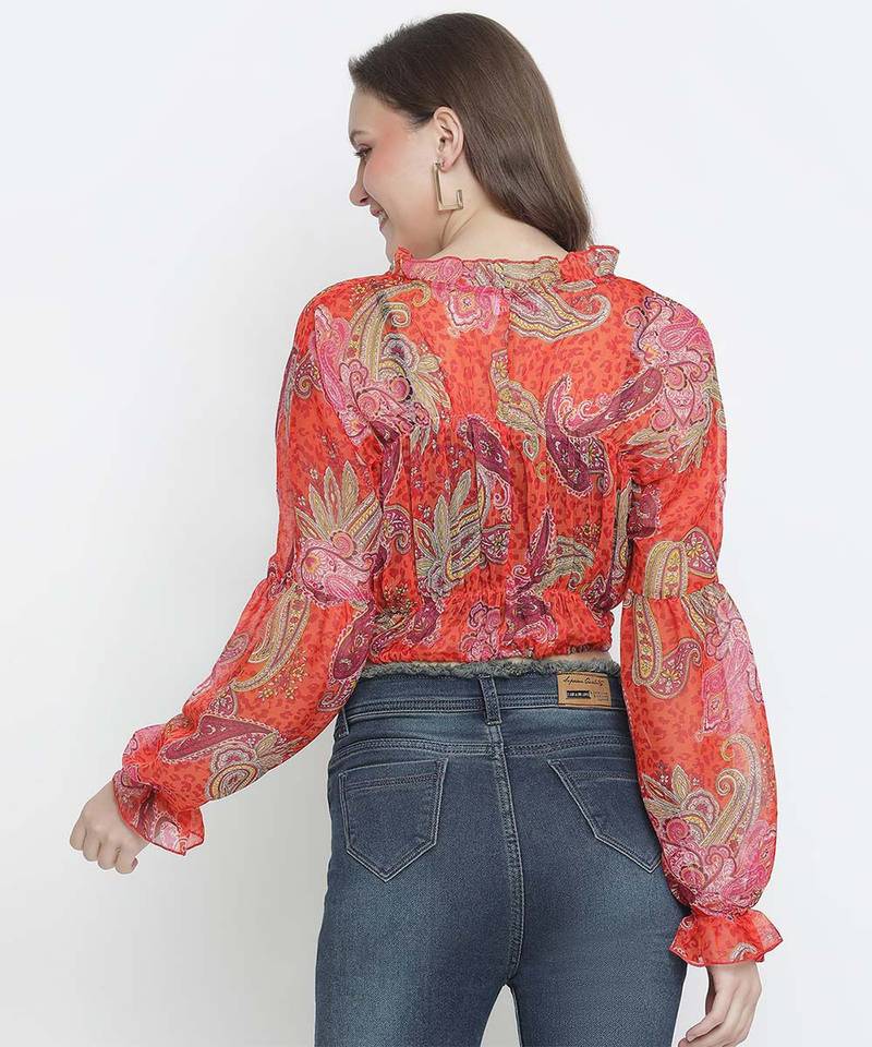 Luminious Orange printed women crop top