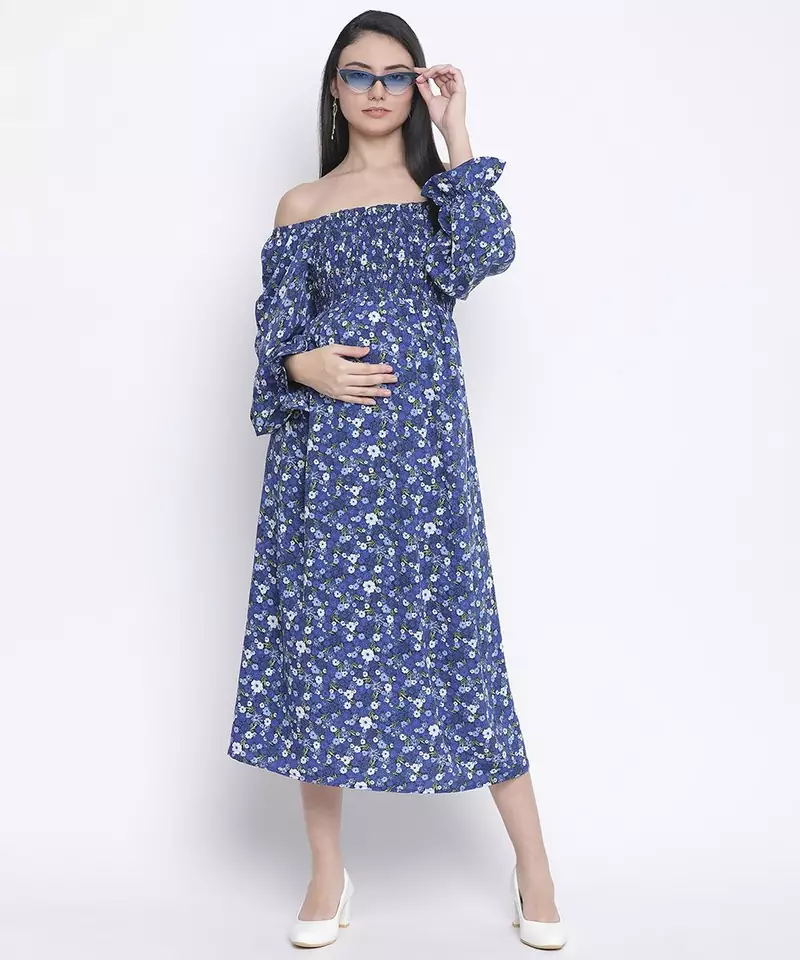 Designer floral print off-shoulder maternity dress