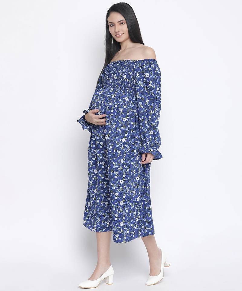 Designer floral print off-shoulder maternity dress
