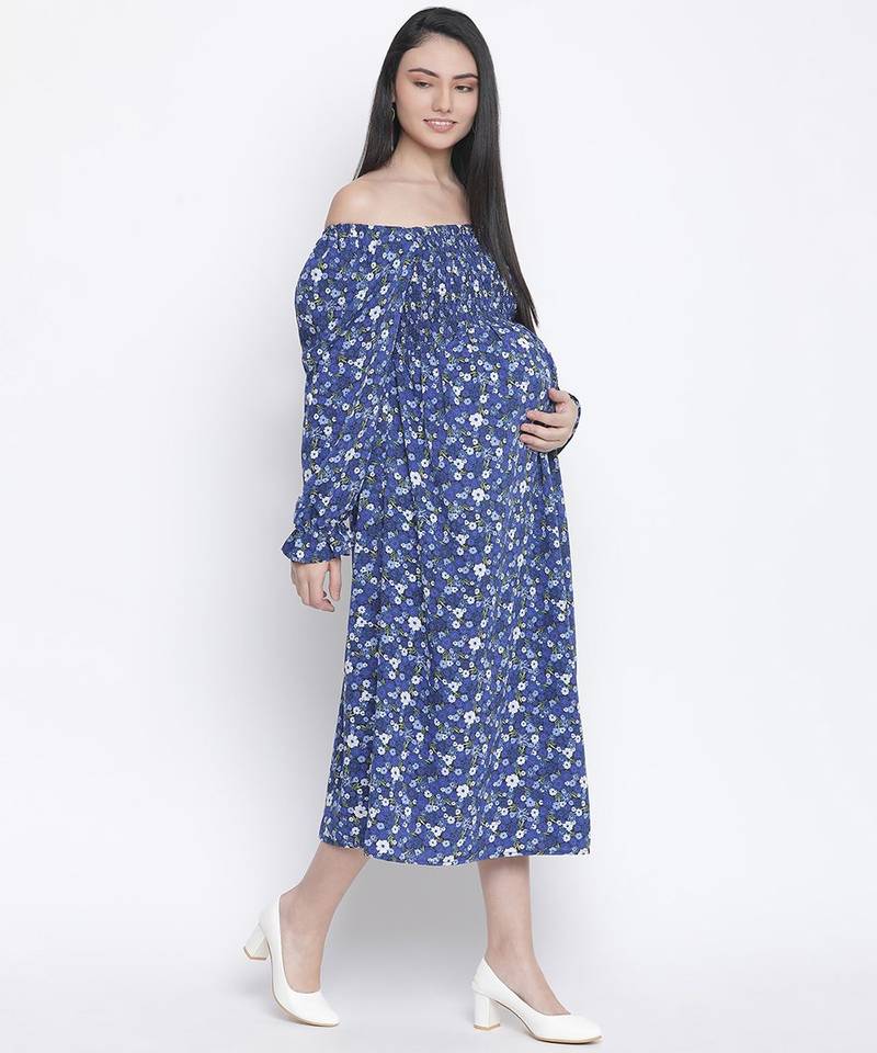 Designer floral print off-shoulder maternity dress