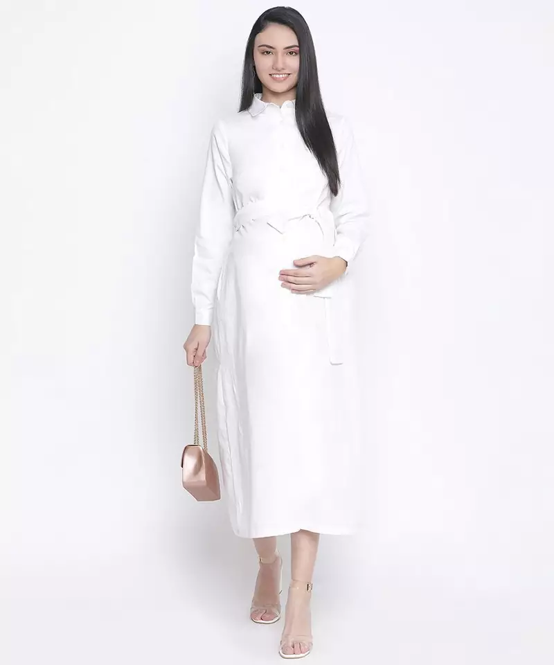 Hopple white button- down long maternity dress