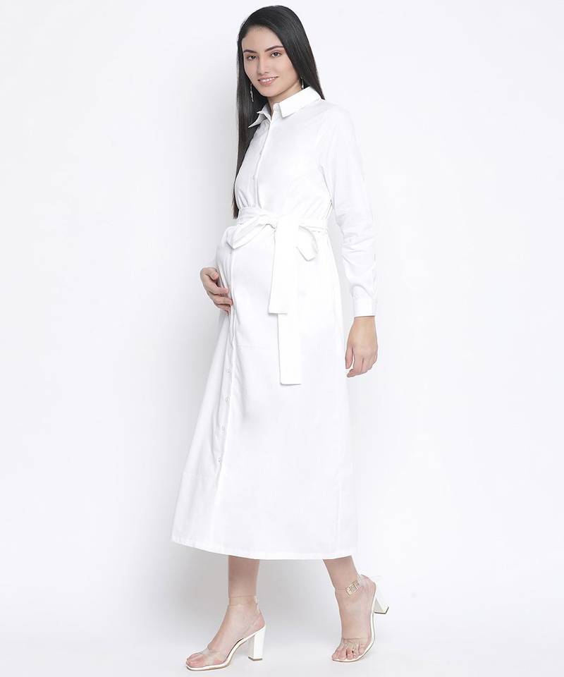 Hopple white button- down long maternity dress