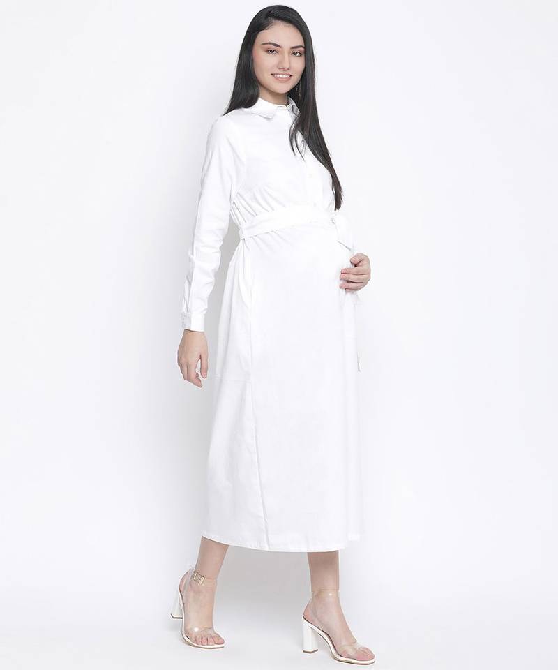 Hopple white button- down long maternity dress
