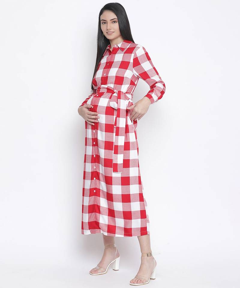 Cerise red check print long maternity dress