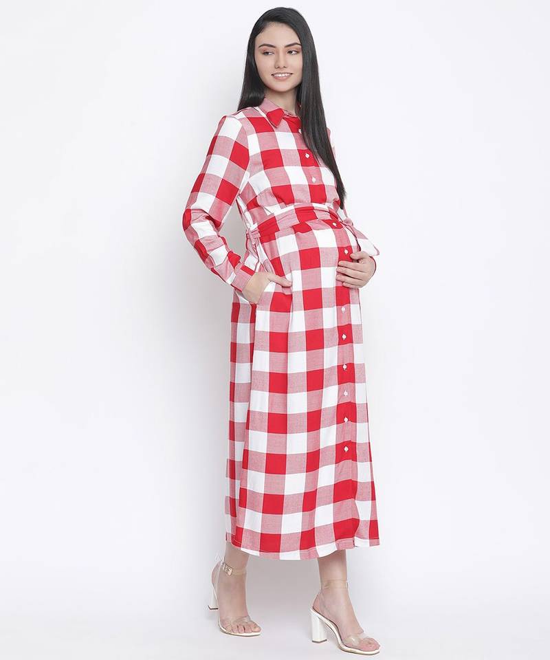 Cerise red check print long maternity dress