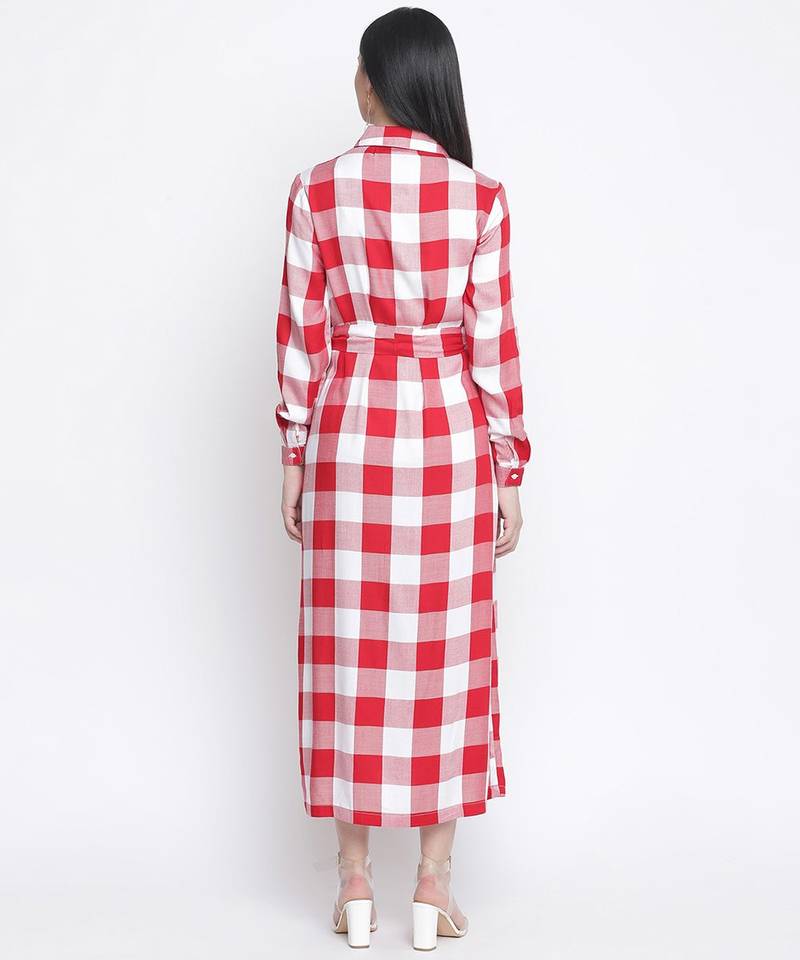 Cerise red check print long maternity dress