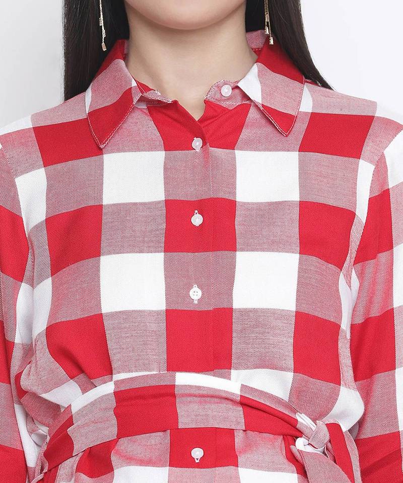 Cerise red check print long maternity dress