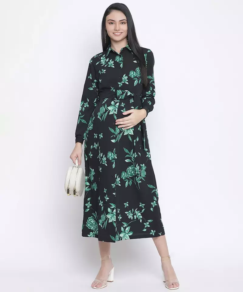 Tora black floral print long maternity dress