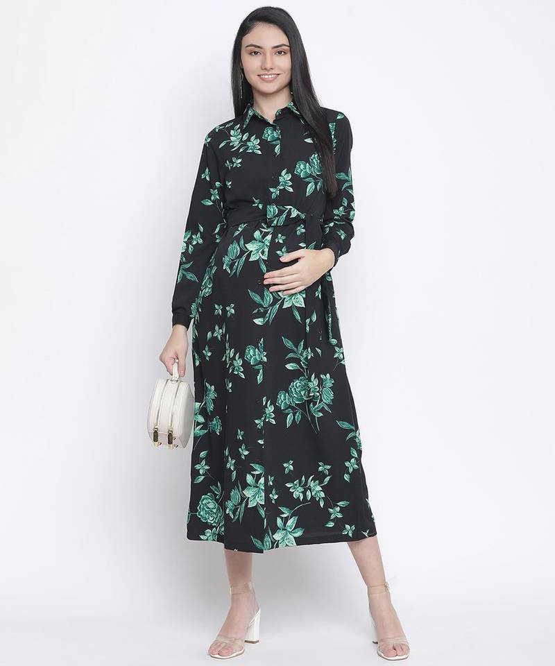 Tora black floral print long maternity dress
