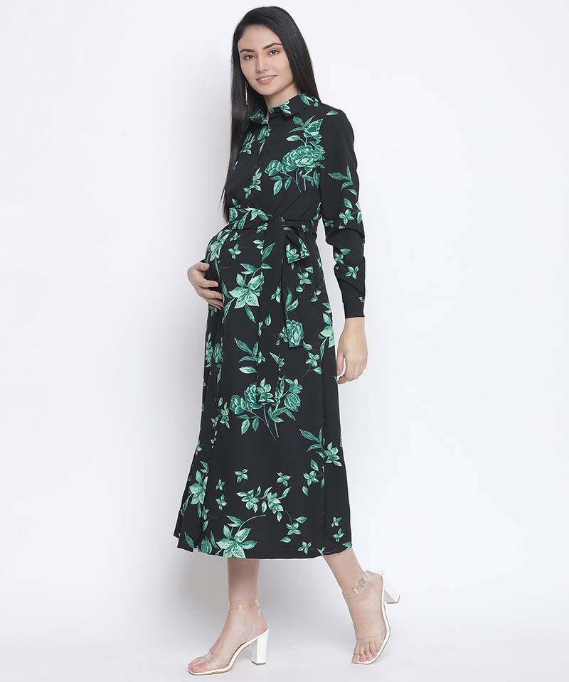 Tora black floral print long maternity dress