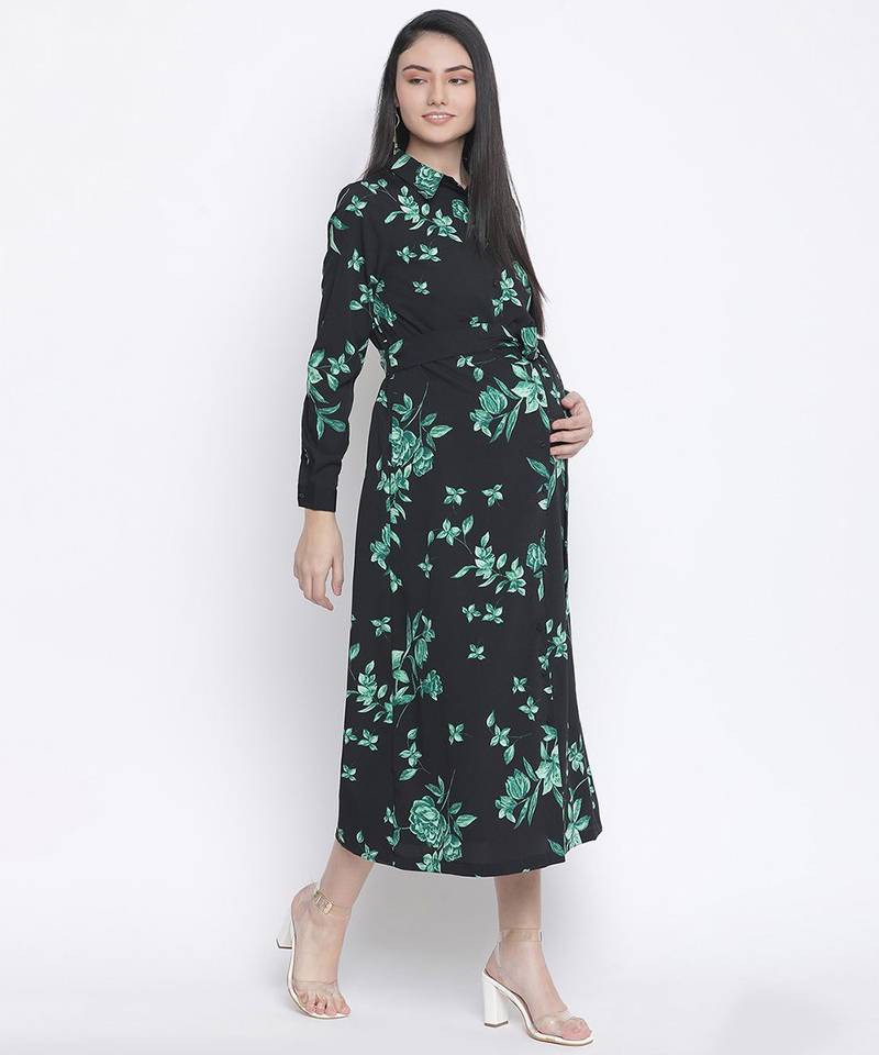 Tora black floral print long maternity dress