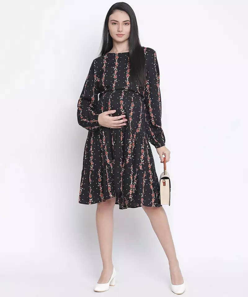 Gapper black ptinted with feeding zip maternity dress